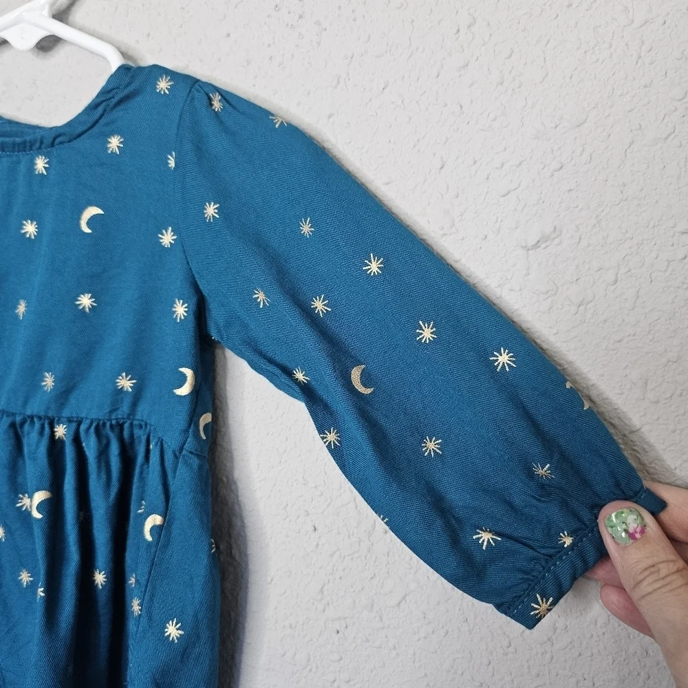 Carter's Dress Baby Girl 6m‎ Blue Gold Stars Moon Celestial Long Sleeve Holiday